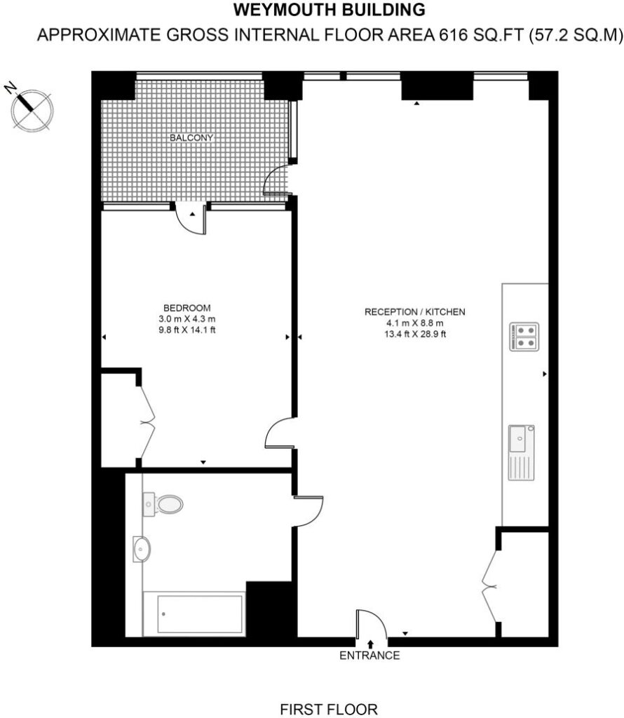 Floorplan of the one-bedroom apartment at Weymouth Building, Elephant Park, reference CEC240291