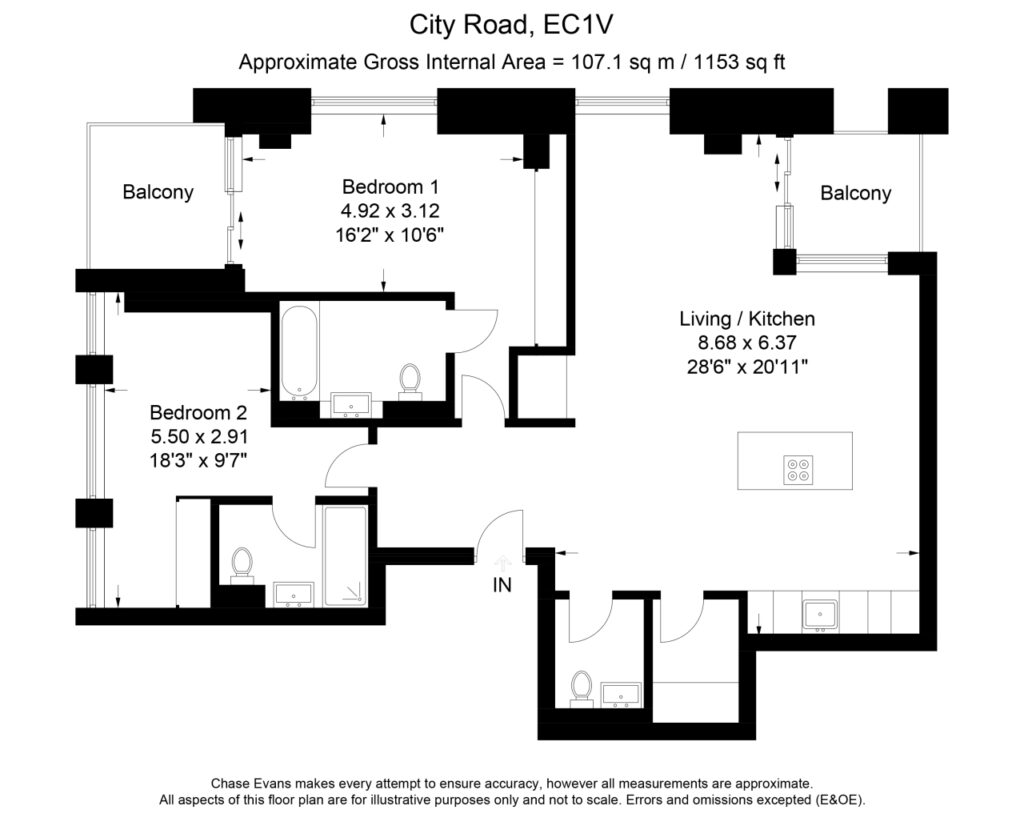 Floor plan of the two-bedroom apartment at The Atlas Building