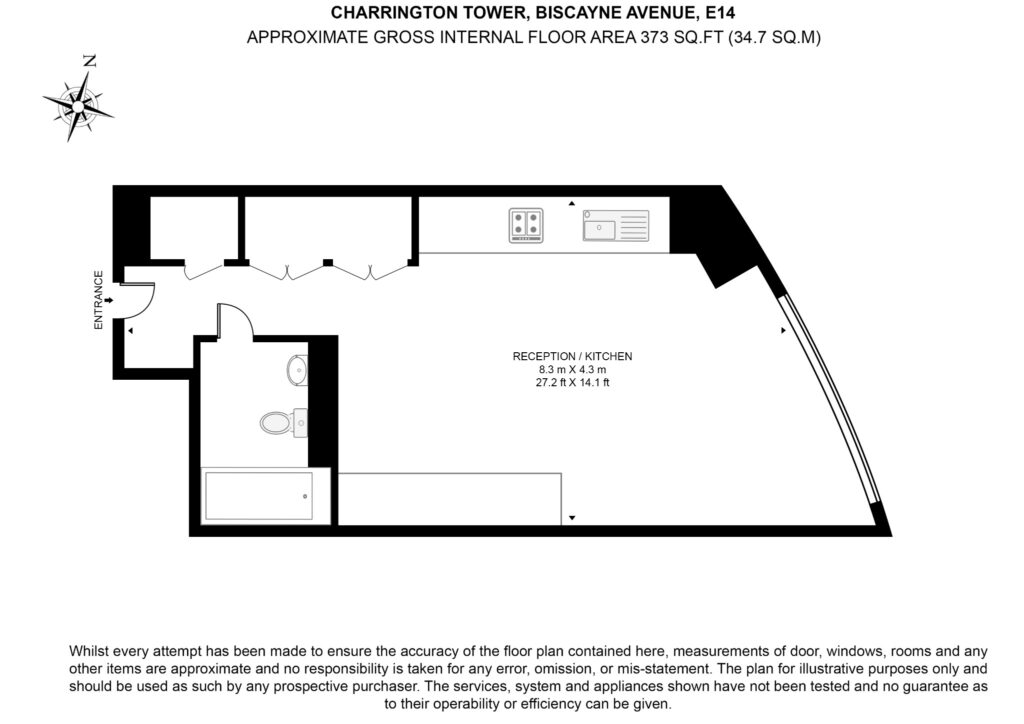 Charrington Tower studio floor plan, approximately 34.7 square metres