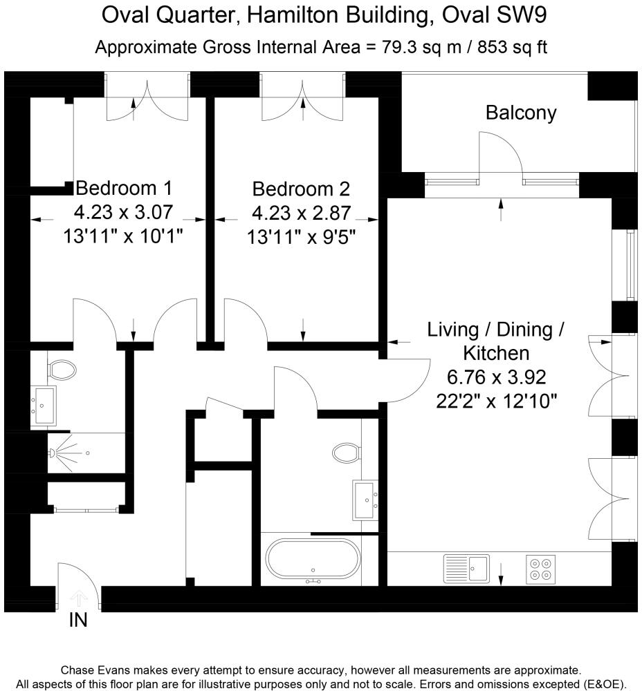 Floorplan of the two-bedroom apartment at Hamilton Building, Oval Quarter